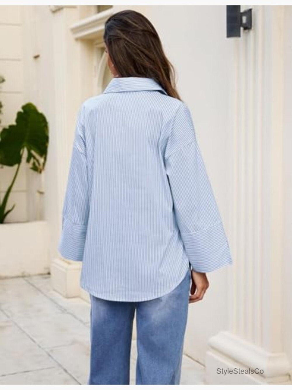 Oversized Striped Button Down Shirt Henley Long Sleeve Collared Office Blouse - Picture 3 of 7